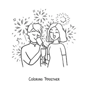 Coloring page of a man and a woman toasting on New Year with fireworks in the background