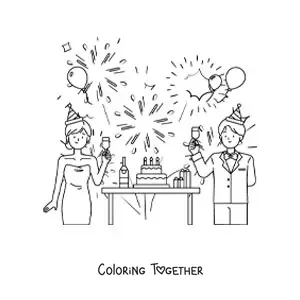 Coloring page of a man and a woman toasting on New Year with a cake