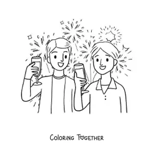 Coloring page of two boys celebrating New Year