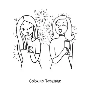 Coloring page of two girls celebrating New Year