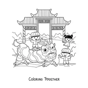 Coloring page of three children celebrating Chinese New Year
