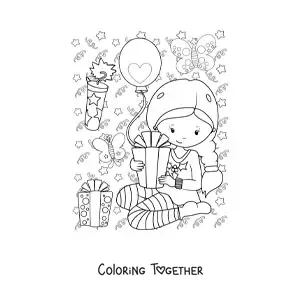 Coloring page of a girl with a New Year gift