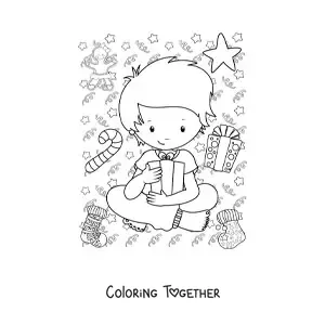 Coloring page of a boy with a New Year gift