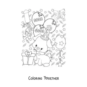 Coloring page of a cartoon dog with New Year balloons