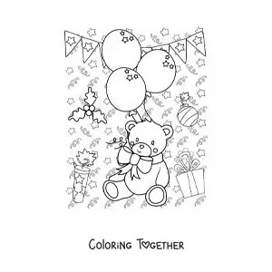 Coloring page of a cartoon bear with New Year balloons