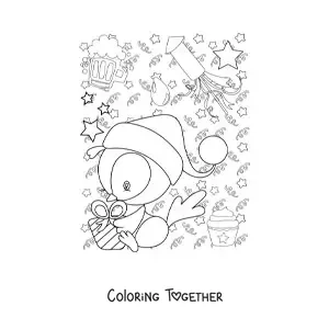 Coloring page of a cartoon penguin with a New Year gift
