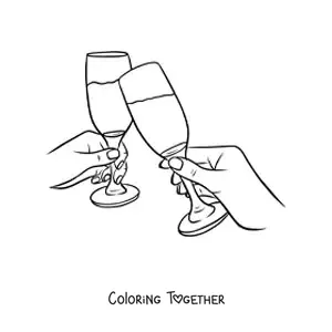 Coloring page of two hands toasting with glasses