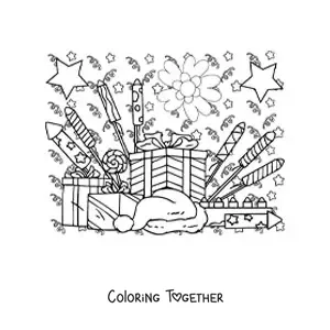 Coloring page of several New Year gifts and fireworks