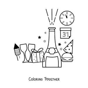 Coloring page of a New Year gift, a bottle and glasses