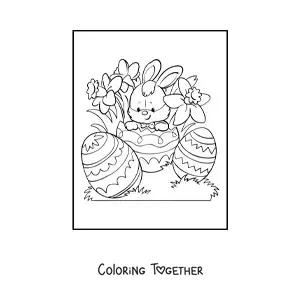 Coloring page of a kawaii rabbit with three Easter eggs and flowers