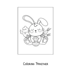 Coloring page of a kawaii rabbit with Easter eggs and carrots