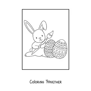Coloring page of a kawaii rabbit decorating Easter eggs with a paintbrush