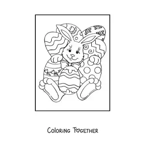 Coloring page of a cartoon rabbit with several Easter eggs
