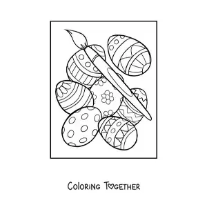 Coloring page of several Easter eggs and a paintbrush