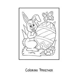 Coloring page of a cartoon rabbit with an Easter egg and a butterfly