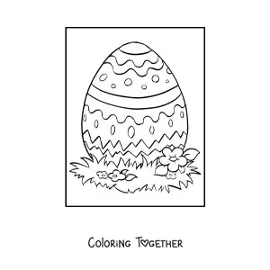 Coloring page of an Easter egg on the grass with flowers