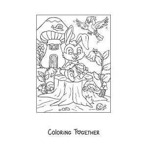 Coloring page of a cartoon rabbit painting an Easter egg