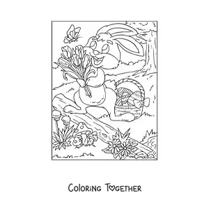 Coloring page of an Easter bunny with a bouquet of flowers