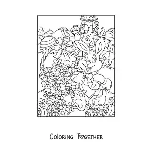 Coloring page of the cartoon rabbit with a basket of Easter eggs