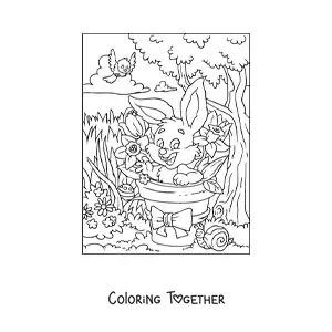 Coloring page of the Easter bunny in the garden