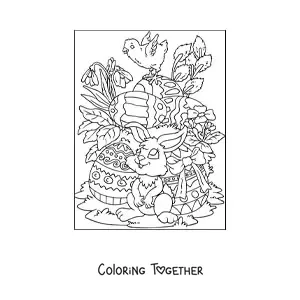 Coloring page of the Easter bunny with eggs and a chick