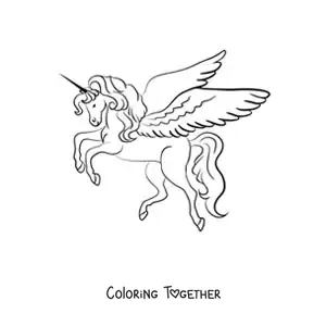 Coloring page of a unicorn with wings on two legs