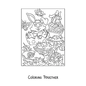 Coloring page of a rabbit with a basket of Easter eggs in the garden