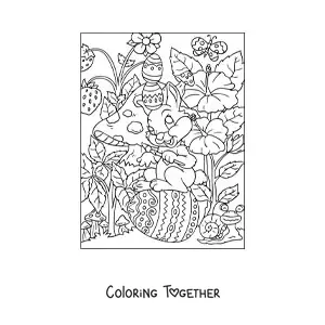 Coloring page of a rabbit with a paintbrush and Easter eggs in the garden