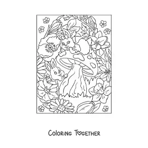 Coloring page of two cartoon rabbits with small Easter eggs