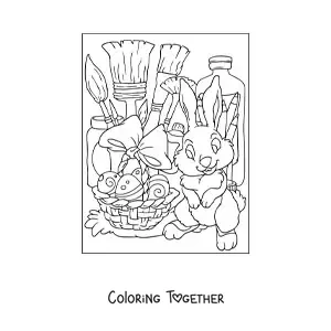Coloring page of an Easter bunny and art supplies