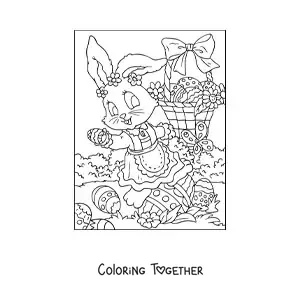 Coloring page of a female Easter bunny handing out eggs