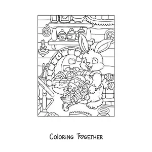Coloring page of the Easter bunny with a wheelbarrow