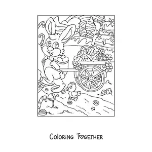 Coloring page of a rabbit with a wheelbarrow full of Easter eggs