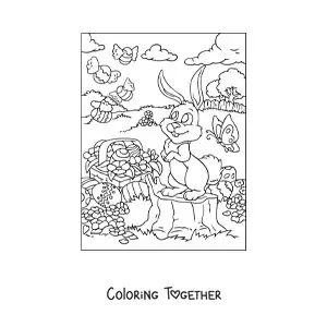 Coloring page of a rabbit with cartoon Easter eggs