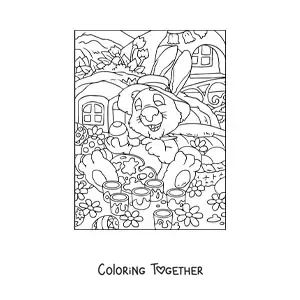 Coloring page of the Easter bunny with a hat painting eggs
