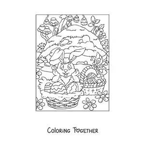 Coloring page of a cartoon rabbit with several baskets of Easter eggs