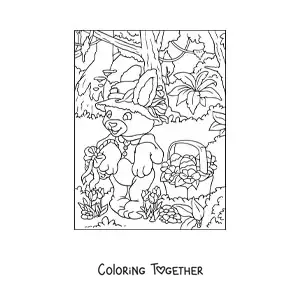 Coloring page of the Easter bunny with a hat and a basket of eggs