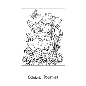Coloring page of a cartoon female rabbit in an Easter egg with flowers