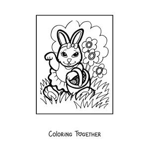 Coloring page of a cartoon female rabbit with Easter eggs and flowers