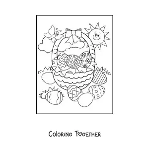 Coloring page of a basket of Easter eggs with a butterfly and a happy sun