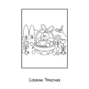 Coloring page of a cartoon rabbit inside an Easter egg