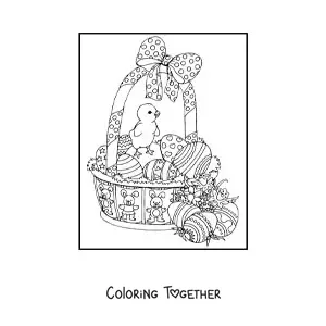 Coloring page of a basket of Easter eggs with a chick and flowers