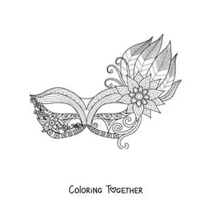 Coloring page of a carnival eye mask with feathers