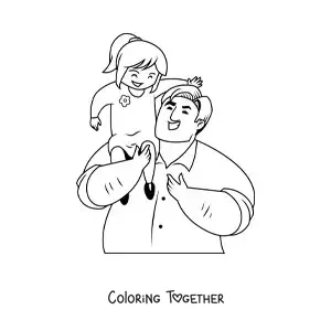 Coloring page of a dad carrying his daughter