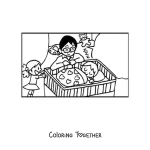 Coloring page of a dad putting his child to sleep
