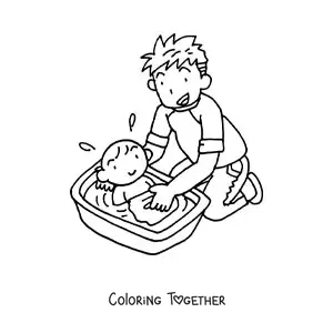 Coloring page of a dad bathing his child