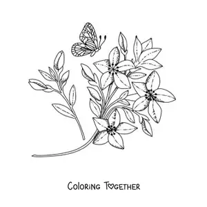 Coloring page of a butterfly flying toward some flowers