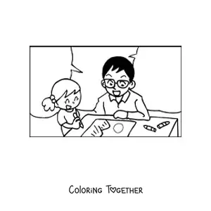 Coloring page of a dad coloring with his daughter