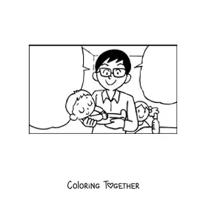 Coloring page of a dad carrying his baby