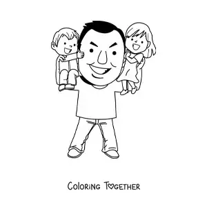 Coloring page of a dad carrying his children